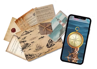 Siren's Melody puzzle game: maps, letters and a compass app on a phone