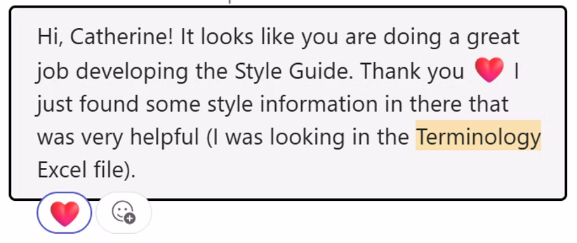 Teammate comment thanking Catherine for the style guide