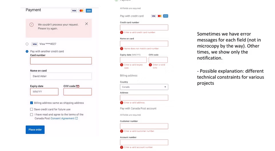 Side-by-side audit of inconsistent Canada Post error messages