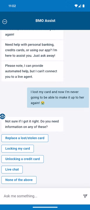 BMO Assist offering suggested options after a low-confidence match