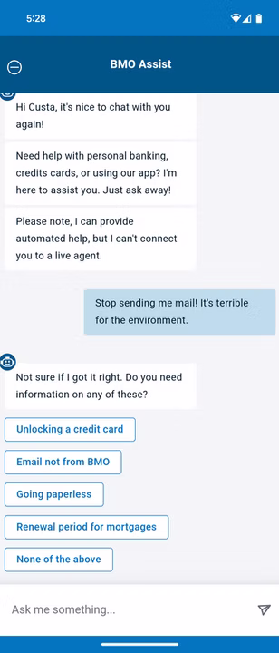 BMO Assist fall-forward response with clear next steps