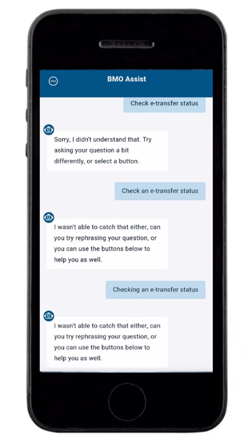 BMO Assist chatbot showing a generic fallback reply