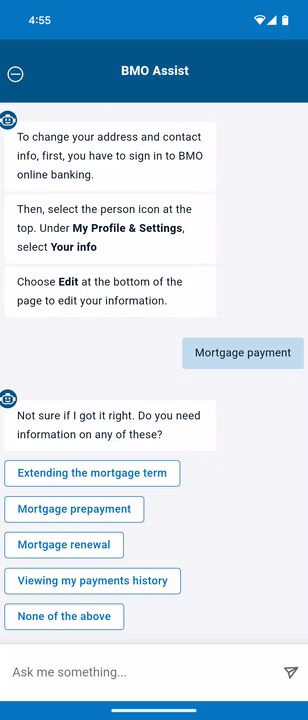 BMO Assist guiding a customer to update contact information