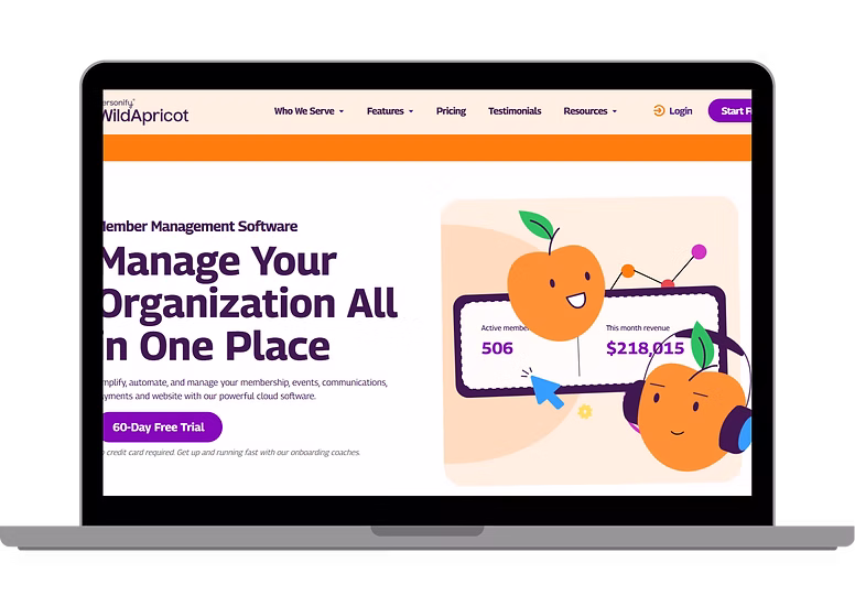 WildApricot marketing site on a laptop: Manage Your Organization All in One Place