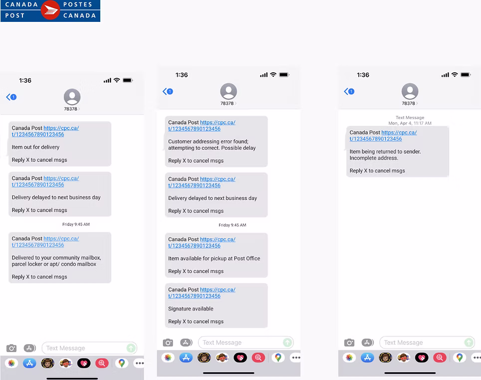 Three phone screens showing the original Canada Post SMS tracking messages